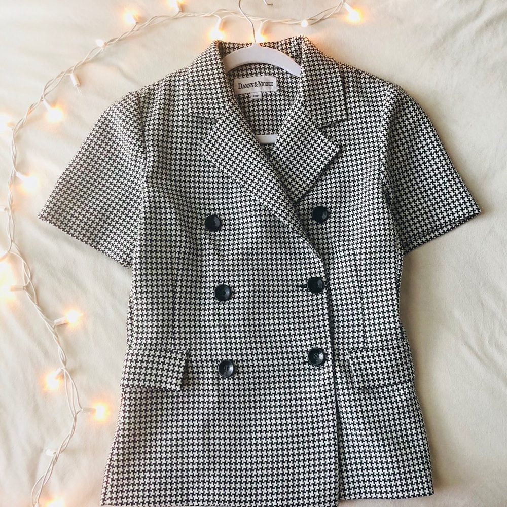 Houndstooth button up blazer b&w short sleeve - Picture 2 of 8